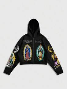 ROMWE MEN Street Life Men's Printed Religious Sweatshirt , Loose Cropped Style , Fall - Black - View 1