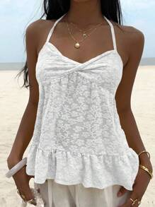 Sunnyshic Women's Floral Jacquard Twist Design Fashion Halter Neck Tank Top - White - View 3