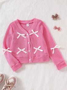 Girls' Long Sleeve Cute Bow Short Knit Cardigan Sweater - Pink - View 1