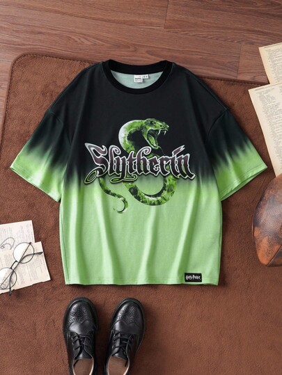 HARRY POTTER X SHEIN Camiseta estilosa para meninos adolescentes com estampa de cobra tie-dye preta e verde, solta, de ombro caído, manga curta