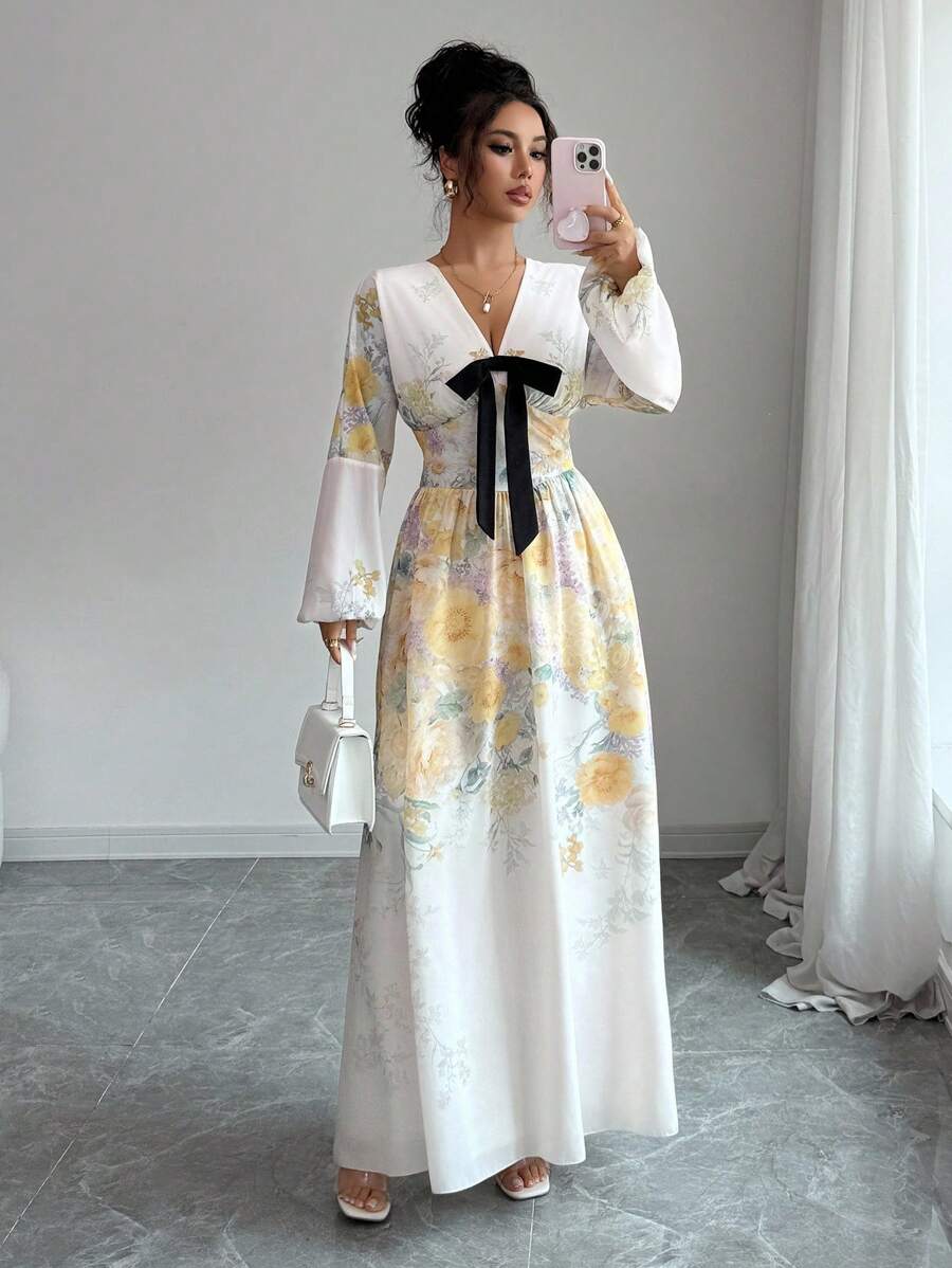Elenzga Women's Elegant Fashion Commuter Casual Comfortable Charming Retro Minimalist Long Sleeve Shirred Floral Swing Waist Tie Dress - Light Yellow - View 1