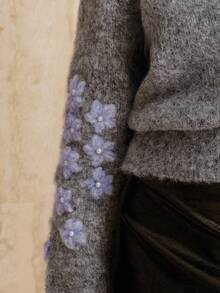 Anewsta Embroidered Fuzzy Knit Applique Crew Neck Long Sleeve Sweater - Grey - View 1