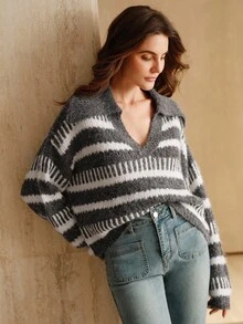 SHEIN X Jwoww Anewsta Áo len dệt kim cổ sọc màu tương phản, Thu/Đông - Nhiều màu - Xem 2