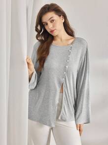 Ocili Leisure Plus Size Women's Comfortable Rib Shell Button Nightwear Top Casual, Fall