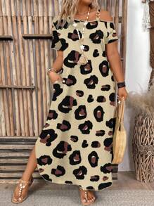 EMERY ROSE Plus Size Open Shoulder Leopard Print Casual Dress, Stylish For Summer - Multicolor - View 3