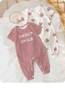 SHEIN New Born Baby Strawberry And Polka Dot Letter Print Short Sleeve Jumpsuit, Suitable For Summer Graphic - Multicolor - View 1