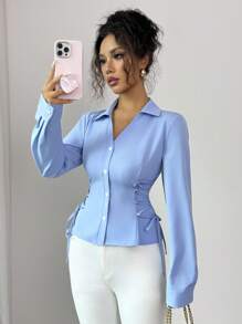 Elenzga Áo sơ mi nữ màu xanh trơn thanh lịch với thiết kế cà vạt chéo hai bên - Màu xanh lam - Xem 3