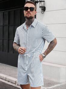 Manfinity Homme 男士夏季休闲条纹连体裤男士连体裤男士条纹连体裤，男士蓝白条纹抽绳短袖连体裤，适合休闲夏季外出 - 彩色 - 查看 6