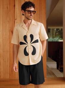 Manfinity BRENVOR 夏季男士刺绣撞色短袖休闲衬衫 - 杏色 - 查看 1