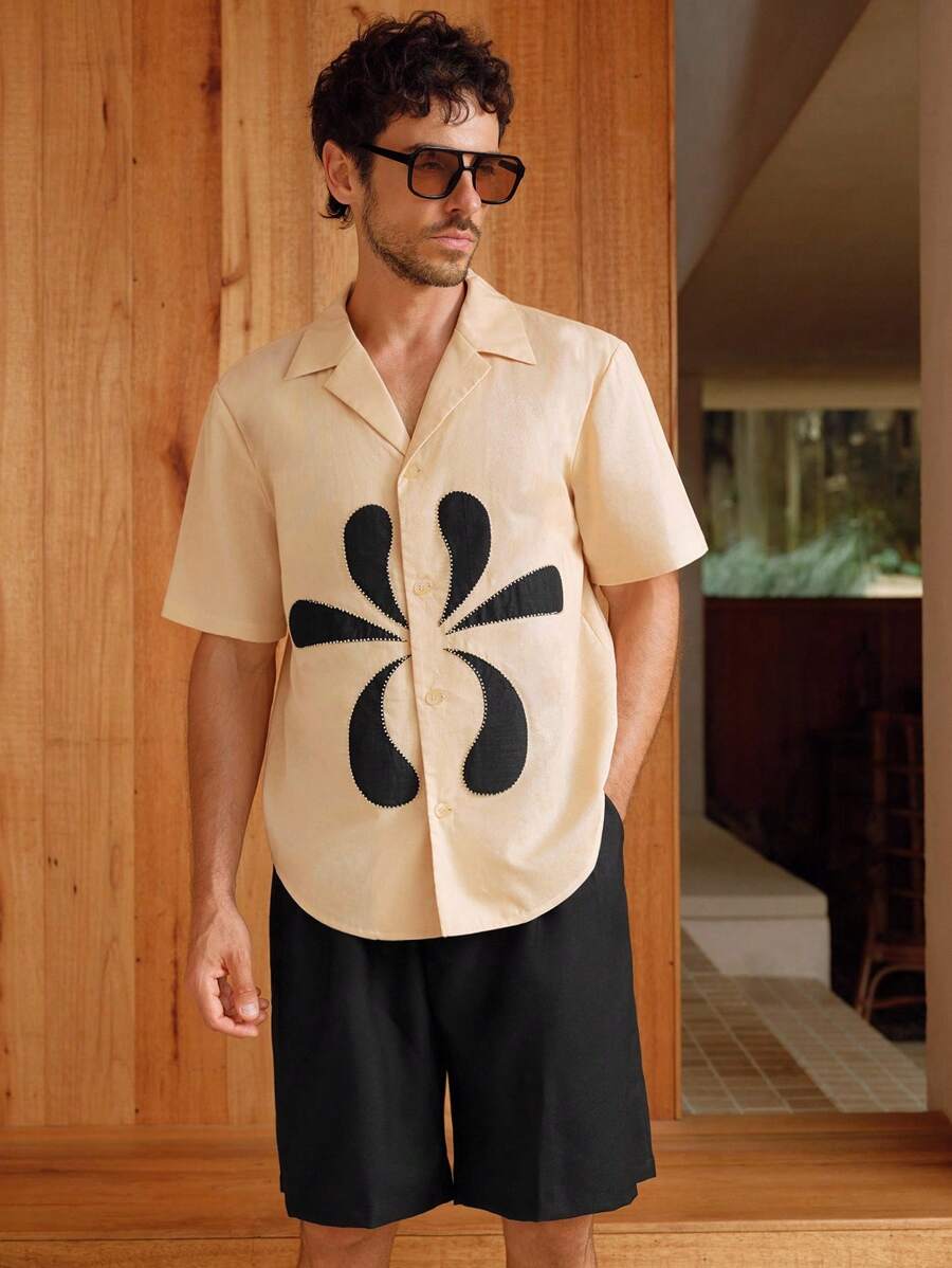 Manfinity BRENVOR 夏季男士刺绣撞色短袖休闲衬衫 - 杏色 - 查看 1