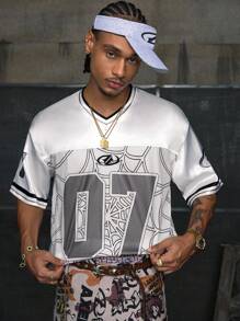 AXEPEAK 街头风格 V 领短袖数码印花宽松男式 T 恤 - 白色 - 查看 4