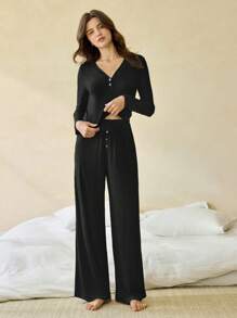 Ocili Leisure Women's Solid Color V-Neck Regular Shoulder Long Sleeve Top And Pants Lounge Set Cozy Outfit, Fall Winter Clothes - Black - View 7