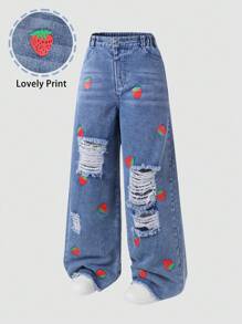 Tween Girl Dark Wash Blue Distressed Strawberry Print Wide Leg Jeans Strawberry Jeans ,Y2K Style Summer Holiday Fall Winter - Medium Wash - View 9