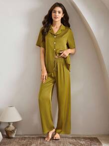 Ocili Ocili Conjunto de pijama con solapa de tela de satén suave y sedosa para mujer