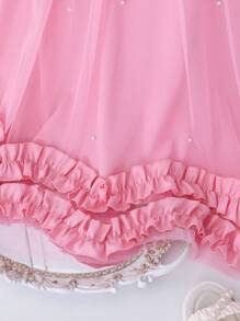 Girls' Elegant Ruffled Pearl Decor Mesh Overlay Dress - Pink - View 5