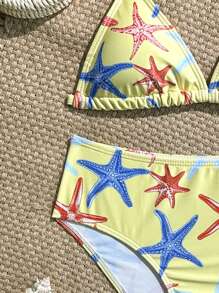 Tween Girls Bikini Sets, Starfish Print, Knit Fabric, 2 Pieces Swimsuit, Fashion Casual Elegant Suitable For Swimming, Vacation, Summer Starfish Bikini Teen Bathing Suit Summer Bathing Suits Seashell Bathing Suit Tween Starfish Bikini