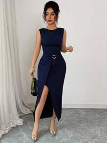 Elenzga 女士优雅修身长裙，简约设计，夏季 - 藏蓝色 - 查看 5