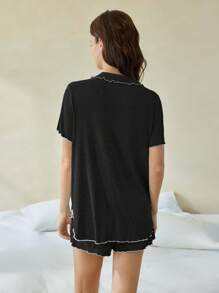 Ocili Leisure Soft Ribbed Cotton Contrast Color Ruffle Trim Short Sleeve & Shorts Women Pajamas Set - Black - View 2