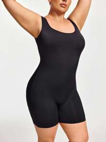 SHAPORA Plus Size Black Plain Casual Swimsuit Fabric Shorts Shapewear - Black - View 5