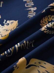 HARRY POTTER X SHEIN Tween Boy Summer 4 School Logo Foil Print Elastic Stripe Tight Pajama Set