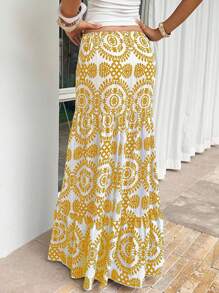 Sunnyshic 满印花裙，休闲夏日假期 - 芥末黃 - 查看 2