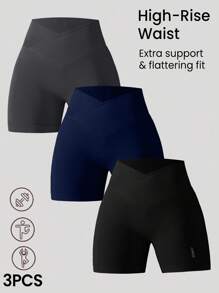 Easithlete 3pcs Seamless High Elasticity Criss-Cross Waist Yoga Shorts - Multicolor - View 3