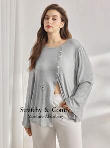 Ocili Leisure Plus Size Women's Comfortable Rib Shell Button Nightwear Top Casual, Fall