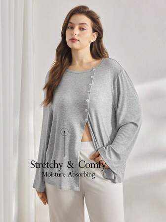 Ocili Leisure Plus Size Women's Comfortable Rib Shell Button Nightwear Top Casual, Fall