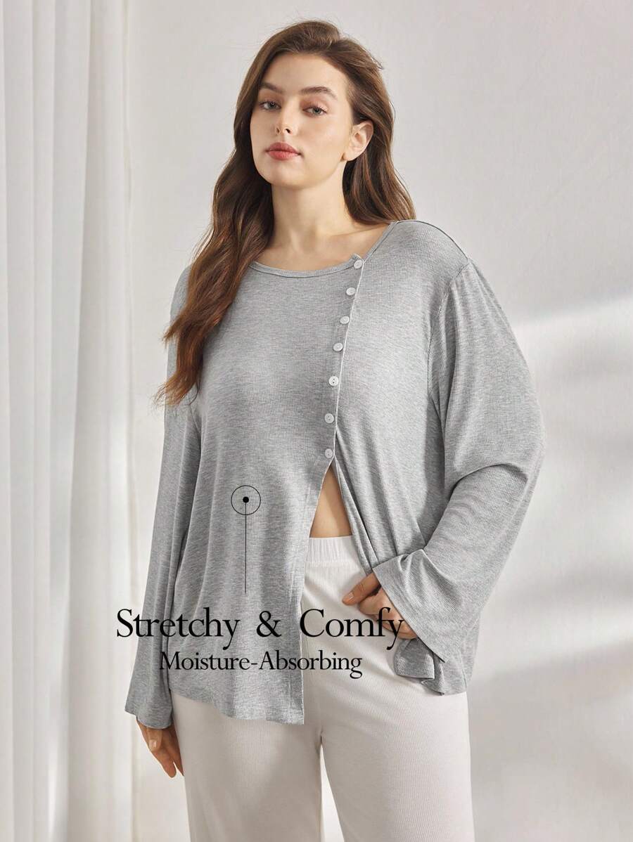 Ocili Leisure Plus Size Women's Comfortable Rib Shell Button Nightwear Top Casual, Fall