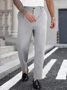 Manfinity CasualCool Pantaloni casual a vita alta da uomo taglio affusolato, colore tinta unita, autunno - Grigio Chiaro - Visualizzare 3