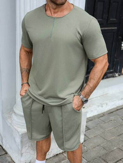 Manfinity Homme Plus Size Men's Casual Solid Color Half Zip Front Short Sleeve T-Shirt And Drawstring Waist Seam Front Shorts Set, Summer