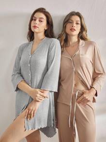 Ocili 休闲加大码罗纹舒适贝壳领纽扣荷叶边睡衣连衣裙，舒适保暖，秋冬款 - 灰色 - 查看 6