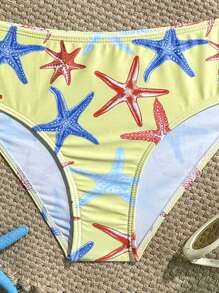 Tween Girls Bikini Sets, Starfish Print, Knit Fabric, 2 Pieces Swimsuit, Fashion Casual Elegant Suitable For Swimming, Vacation, Summer Starfish Bikini Teen Bathing Suit Summer Bathing Suits Seashell Bathing Suit Tween Starfish Bikini