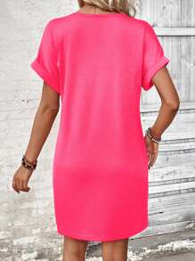 SHEIN LUNE 女式休闲纯色蝙蝠袖连衣裙 - 珊瑚粉 - 查看 2