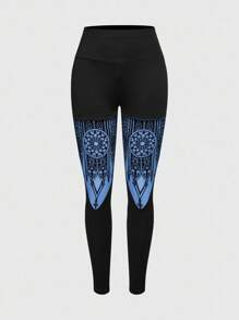 ROMWE Goth 哥特式城堡镂空拼接女式紧身弹力打底裤 - 藍色 - 查看 1