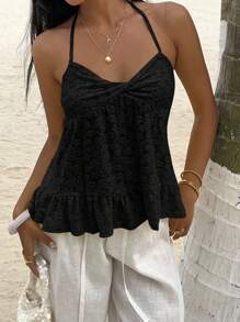 Sunnyshic 夏季性感纯色镂空露背吊带上衣 - 黑色 - 查看 3