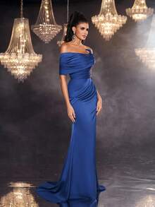 Glamrae Women's Elegant Blue Luxurious Satin Formal Dinner Dress,Special-Shaped One-Shoulder Pleated Fishtail Skirt With Slit For Holiday Parties&Dates - Blue - View 6
