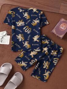 HARRY POTTER X SHEIN Tween Boy Summer 4 School Logo Foil Print Elastic Stripe Tight Pajama Set