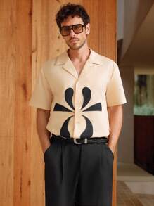 Manfinity BRENVOR 夏季男士刺绣撞色短袖休闲衬衫 - 杏色 - 查看 5