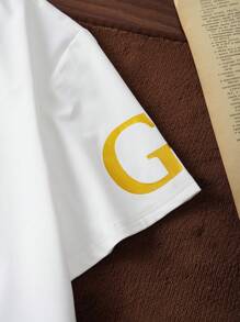 HARRY POTTER X SHEIN 青少年男孩格兰芬多狮子徽章和字母金箔图案黑白短袖T恤和短裤夏季两件套 - 黑與白 - 查看 7