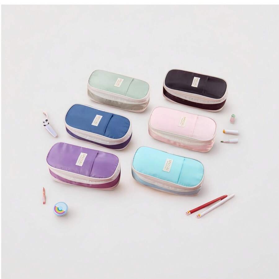 1Pc 10*25cm Large Capacity Canvas Zipper Pencil Bag Pencil Case, Student Study Supplies Office Supplies, Expandable Pencil Case Storage Bag, Multi-Functional Creative Student Gift Cosmetic Bag Travel Bag Back To School, Six Colors Optional,Back To School,School Supplies - Multicolor - View 1