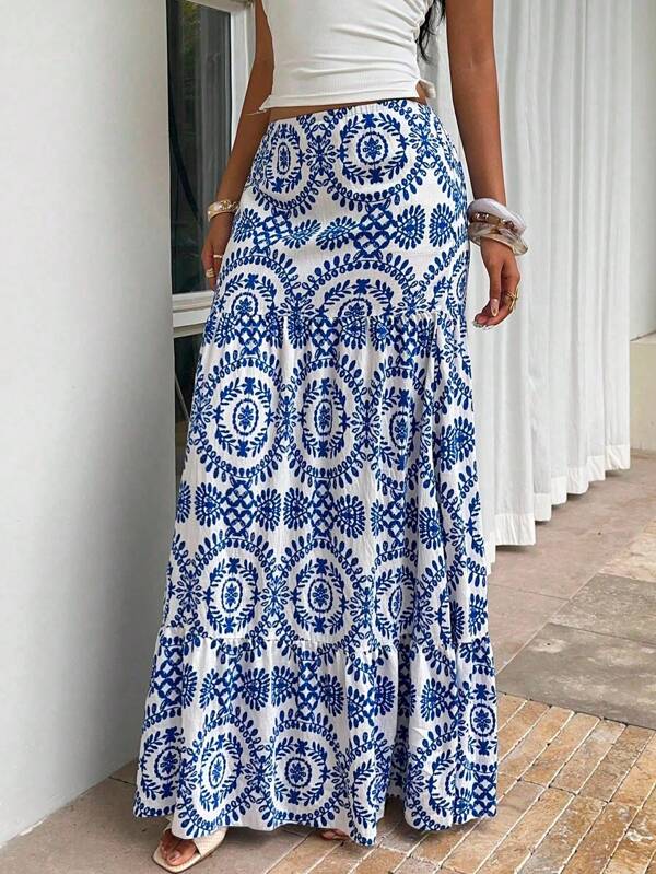 Sunnyshic Full Print Casual Loose Low Waist Skirt
