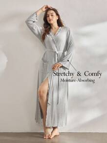 Ocili 舒适罗纹针织撞色滚边柔软短领系带睡袍，大码居家服，舒适保暖，秋冬季佳选。