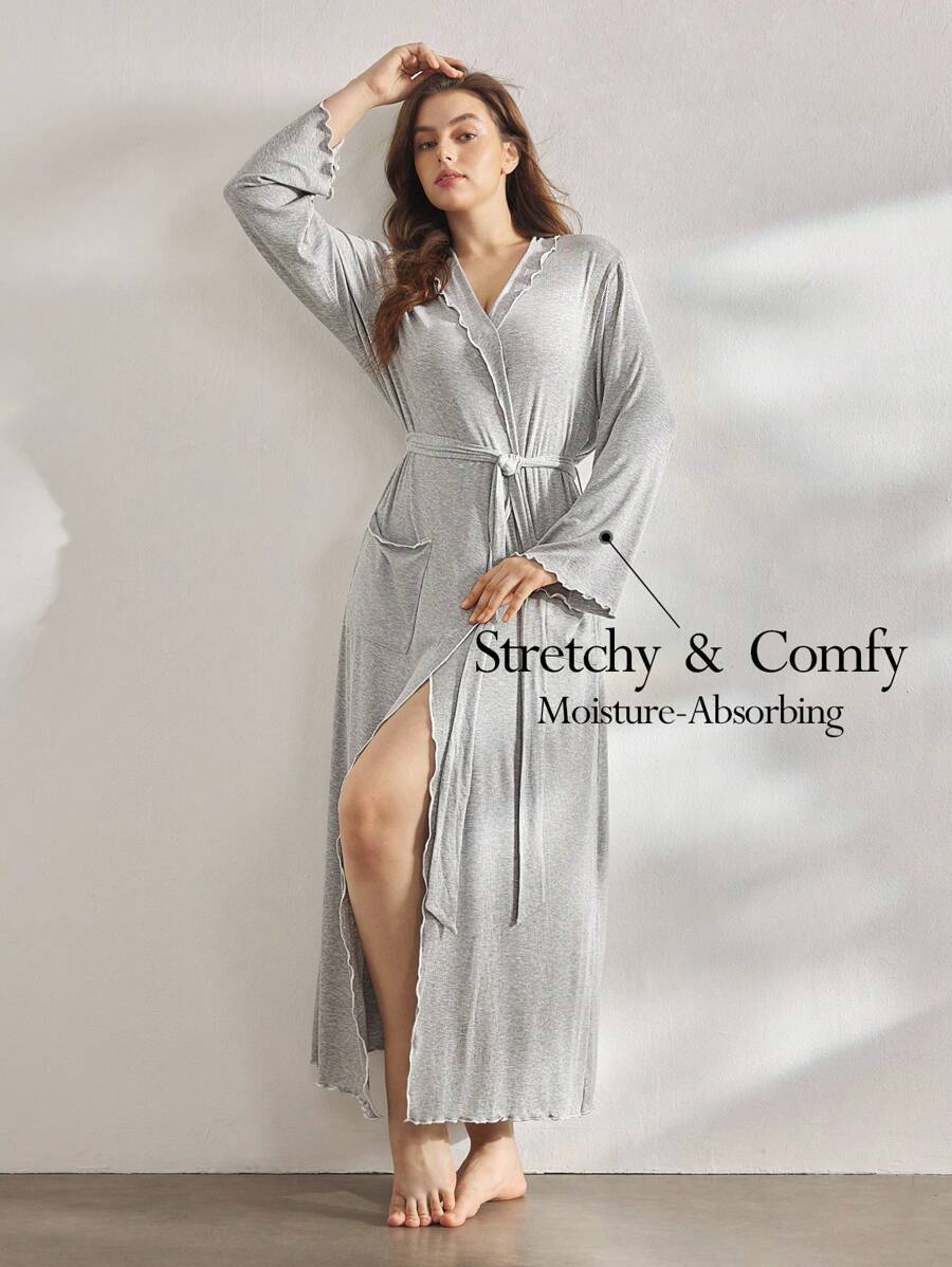 Ocili 舒适罗纹针织撞色滚边柔软短领系带睡袍，大码居家服，舒适保暖，秋冬季佳选。