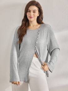 Ocili Leisure Plus Size Women's Comfortable Rib Shell Button Nightwear Top Casual, Fall