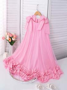 Girls' Elegant Ruffled Pearl Decor Mesh Overlay Dress - Pink - View 7