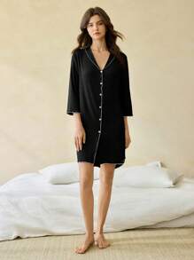 Ocili Leisure Comfortable Blend Rib Knit Contrast Color Ruffled V-Neck Soft Nightgown For Women Holiday Season, Fall, Winter - Black - View 7