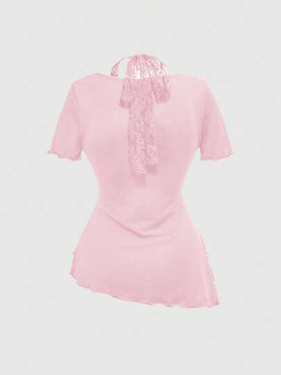 Camiseta con cuello alto, adorno de lazo y cintura con parche de encaje en el bajo asymmetrico para mujer