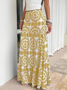 Sunnyshic 满印花裙，休闲夏日假期 - 芥末黃 - 查看 5