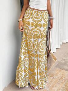 Sunnyshic 满印花裙，休闲夏日假期 - 芥末黃 - 查看 3